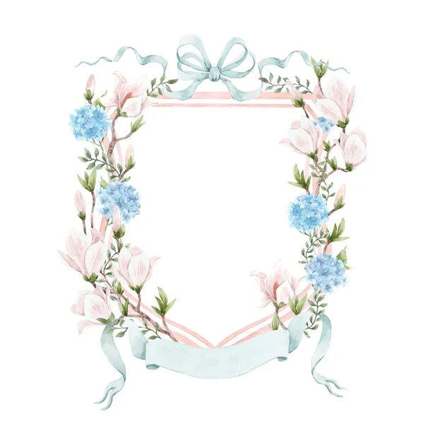 Красива Квіткова Рамка Ніжними Рожевими Магноліями Синіми Квітами Гортензії Весільний — стокове фото