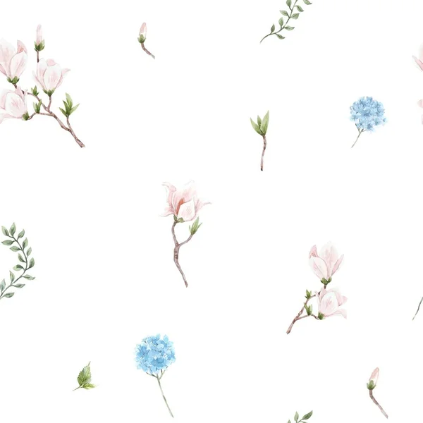 Schöne Nahtlose Muster Mit Sanften Aquarell Rosa Magnolie Und Blauen — Stockfoto