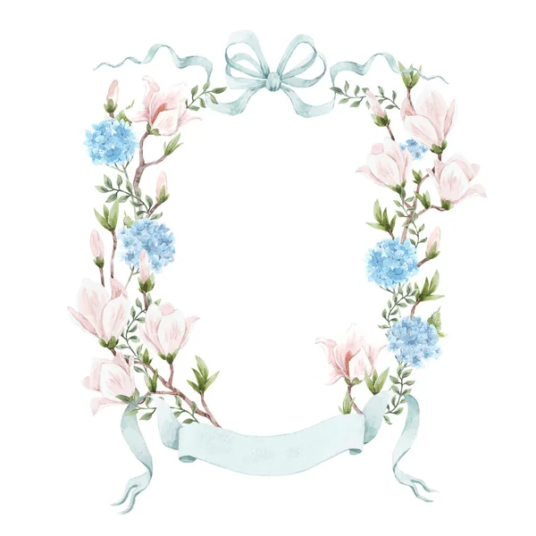 Όμορφο Φλοράλ Πλαίσιο Απαλή Ροζ Μανόλια Και Μπλε Λουλούδια Ορτανσία — Φωτογραφία Αρχείου