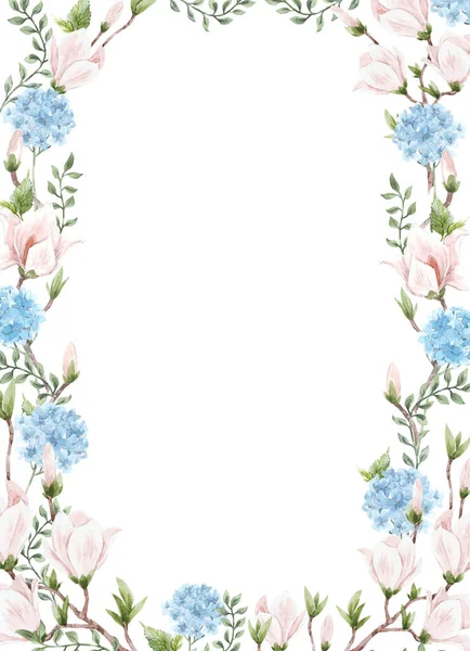 Beautiful floral frame with gentle pink magnolia and blue hydrangea flowers. Wedding clip art stock illustration.