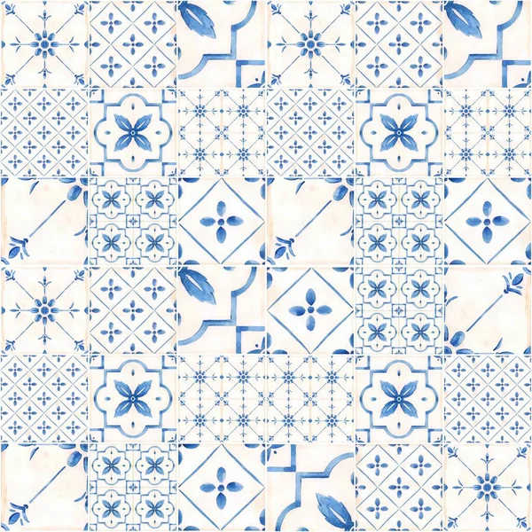 Όμορφη Απρόσκοπτη Μοτίβο Υδατογραφία Μπλε Ολλανδικά Πλακάκια Στυλ Εικονογράφηση Αποθέματος — Φωτογραφία Αρχείου