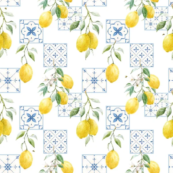Бесшовный Узор Сицилийском Стиле Акварельными Лимонами Голубыми Плитками Иллюстрация — стоковое фото