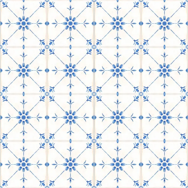Beautiful Seamless Pattern Watercolor Blue Dutch Style Tiles Stock Illustration — Stock Photo, Image