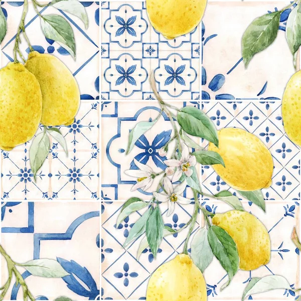 Бесшовный Узор Сицилийском Стиле Акварельными Лимонами Голубыми Плитками Иллюстрация — стоковое фото