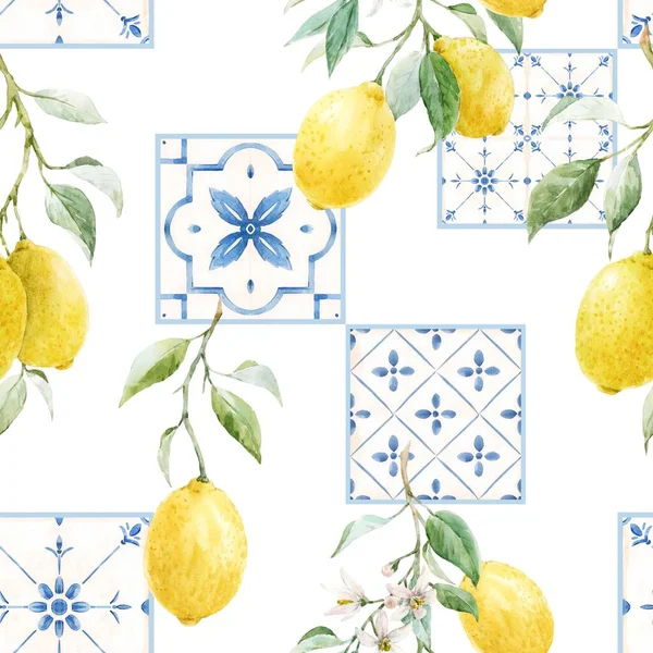 Piękny Bezszwowy Wzór Sycylijskim Stylu Akwarelowymi Cytrynami Niebieskimi Płytkami Ilustracja — Zdjęcie stockowe