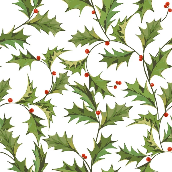緑の葉と赤い果実を持つ冬のシンボルホリー枝と美しいベクトルシームレスパターン メリークリスマスお祝いクリップアート — ストックベクタ