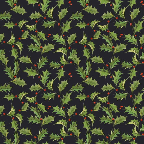 Beautiful Seamless Pattern Winter Symbol Holly Branch Green Leaves Red — Stock Photo, Image