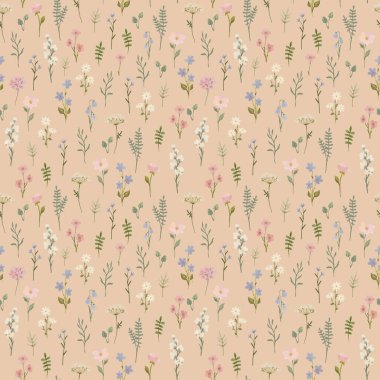 Elle çizilmiş suluboya narin bahar çiçekleriyle kusursuz bir çiçek deseni. Stok illüstrasyonu.