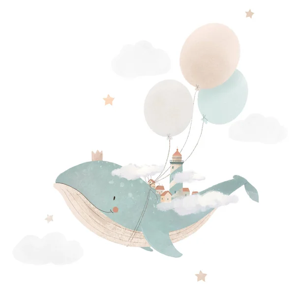 かわいい水彩飛行クジラと気球と美しい赤ちゃんクリップアート組成物 子供用イラスト — ストック写真