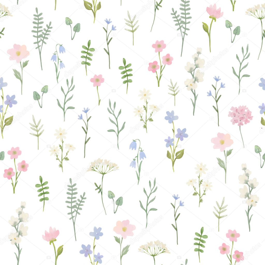 Beautiful seamless floral pattern with hand drawn watercolor gentle spring flowers. Stock illustration.