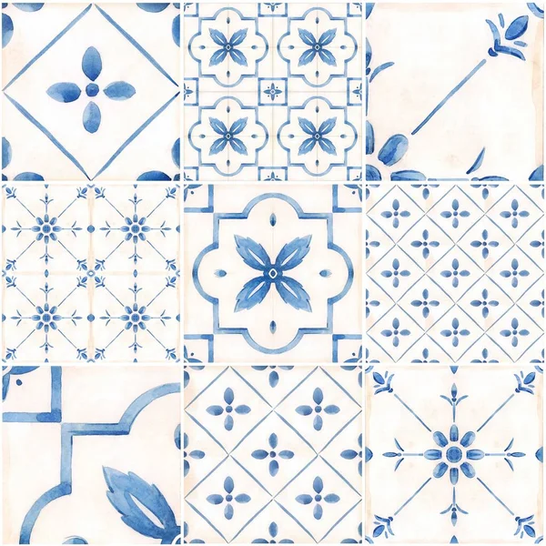 Beautiful Seamless Pattern Watercolor Blue Dutch Style Tiles Stock Illustration — Stock Photo, Image
