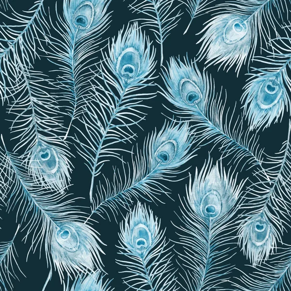 Beautiful Seamless Pattern Watercolor Blue Feathers Stock Illustration — Stock vektor