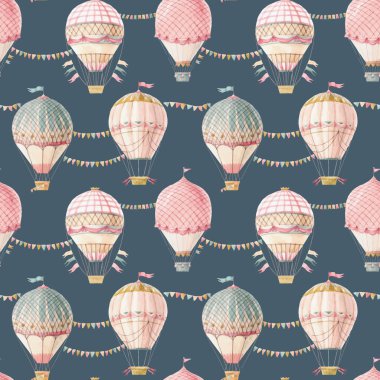 Şirin suluboya elle çizilmiş hava balonları ile güzel, pürüzsüz bir desen. Stok illüstrasyonu.