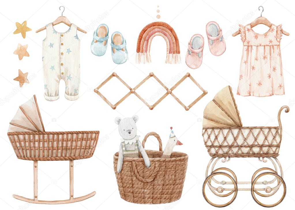 Beautiful stock baby illustration with very cute hand drawn watercolor boys wardrobe and toys.