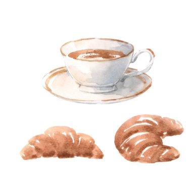 Suluboya kahve, çay ve kruvasanla çok güzel bir set. Stok klipsi resim çizimleri