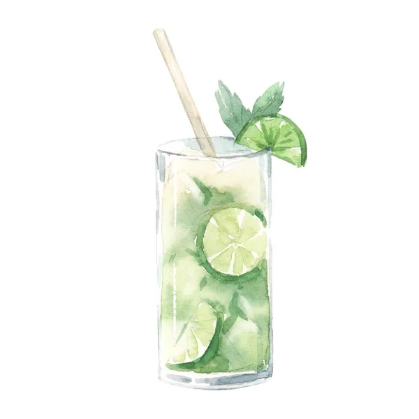 Beautiful Image Watercolor Alcohol Cocktail Mojito Lemonade Glass Stock Clip — Stock Photo, Image