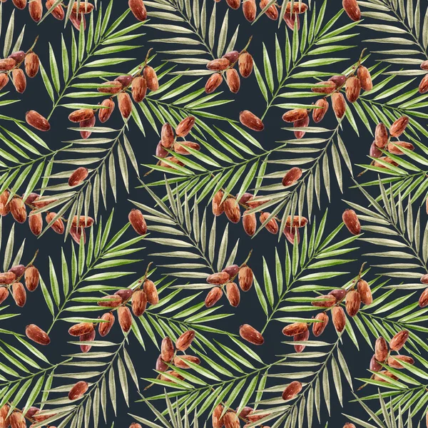 Gyönyörű Trópusi Zökkenőmentes Minta Akvarell Pálmafa Levelek Dátum Gyümölcs Ágak — Stock Fotó
