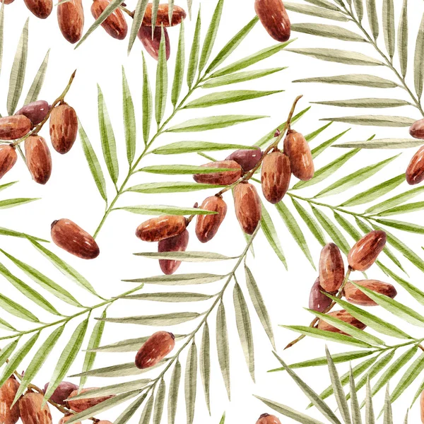Schönes Tropisches Nahtloses Muster Mit Wasserfarbenen Palmenblättern Und Dattelzweigen Archivbild — Stockfoto