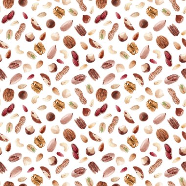 Badem rengi, fındıklı, fındıklı, fındıklı, fındıklı, fındıklı, Macadamia Brezilya fındıklı, kusursuz bir desen. Stok illüstrasyonu.