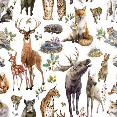 Sulu boyalı elle kusursuz desenler orman geyiği vahşi geyik vaşak tilki kurt yılan tavşan sincap hayvanlar. Stok illüstrasyonu.