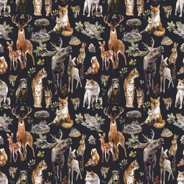 Sulu boyalı elle kusursuz desenler orman geyiği vahşi geyik vaşak tilki kurt yılan tavşan sincap hayvanlar. Stok illüstrasyonu.