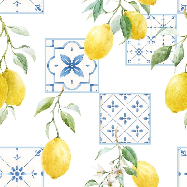 Beautiful Vector Seamless Pattern Sicilian Style Watercolor Lemons Blue Tiles — Stock Vector