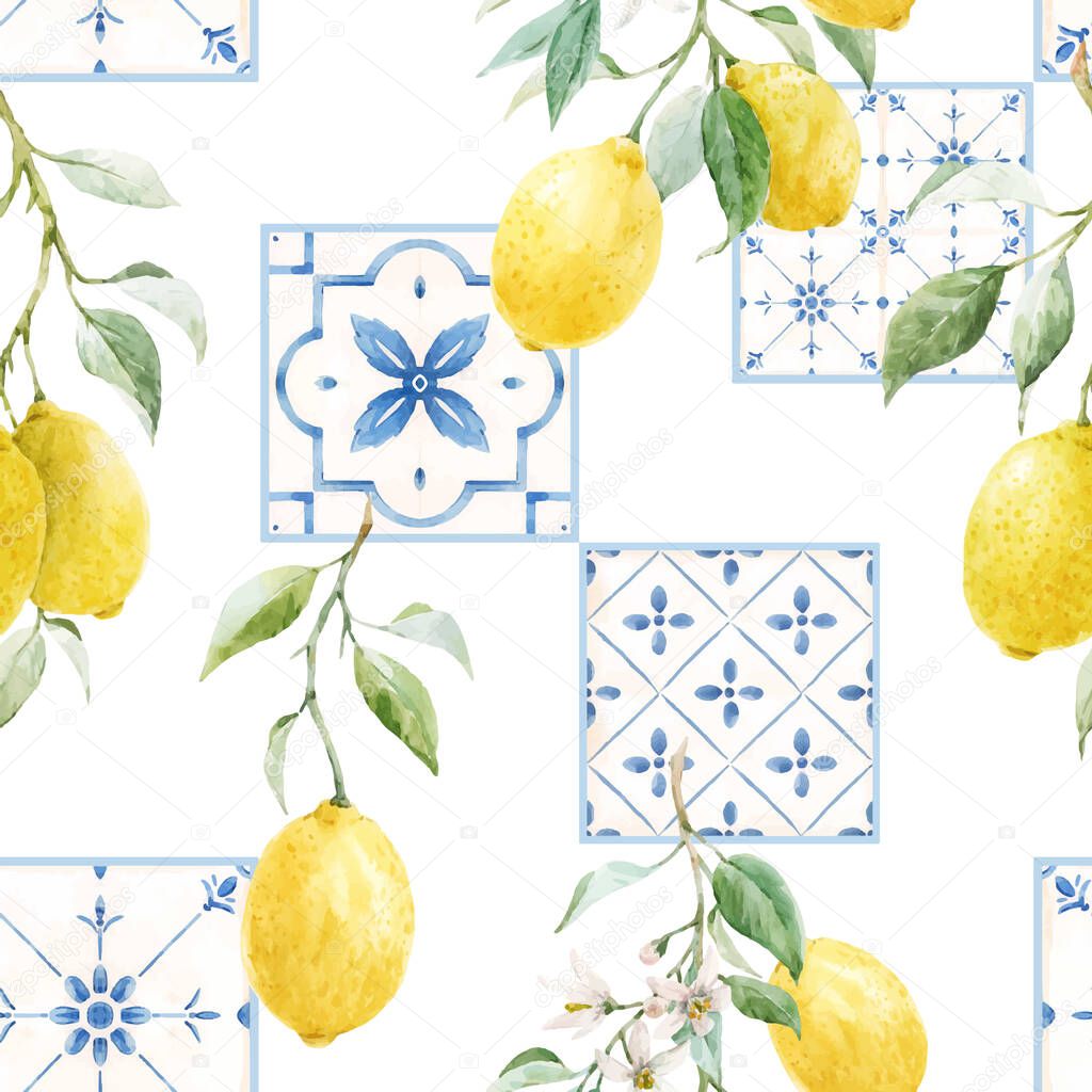 Beautiful vector seamless pattern in Sicilian style with watercolor lemons and blue tiles. Stock illustration.
