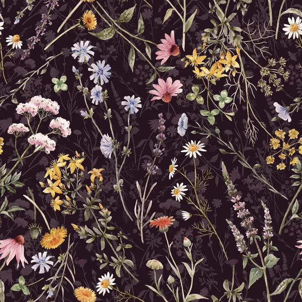 Gyönyörű Virág Zökkenőmentes Minta Akvarell Nyári Vad Mezei Virágok Készletillusztráció — Stock Fotó
