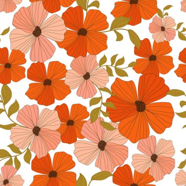 Beautiful vector seamless pattern with pink and red abstract flowers. Stock illustration.