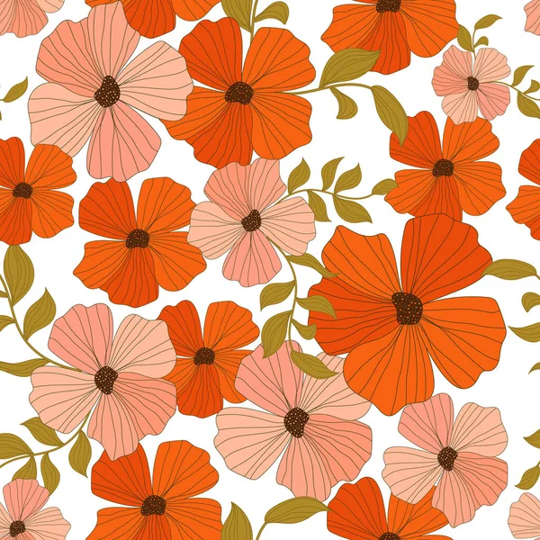 Beautiful vector seamless pattern with pink and red abstract flowers. Stock illustration.