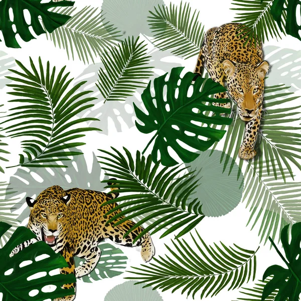 Patrón Tropical Sin Costuras Con Hojas Palma Selva Jaguares Ilustración — Foto de Stock