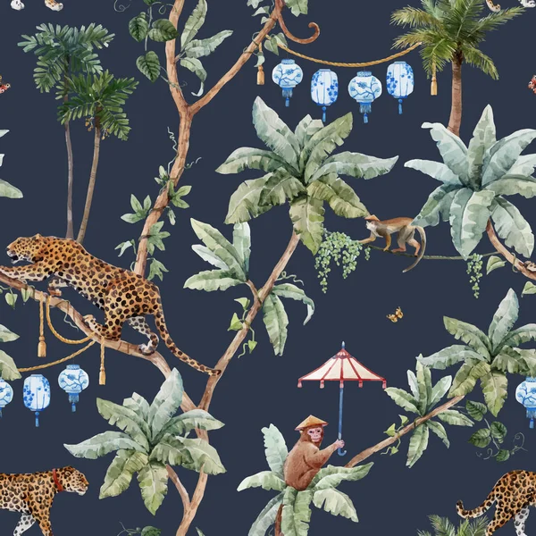 Magnifique Motif Tropical Sans Couture Vectoriel Avec Palmiers Aquarelle Singe — Image vectorielle