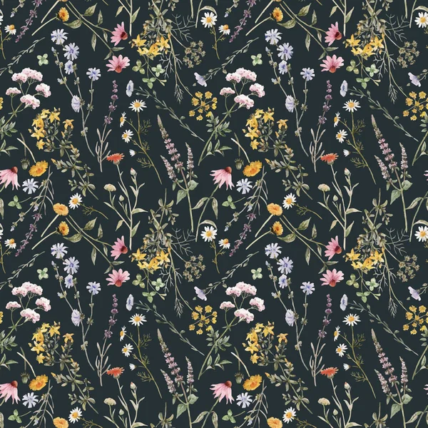 水彩夏の野の花と美しいベクトルの花のシームレスなパターン ストックイラスト — ストックベクタ