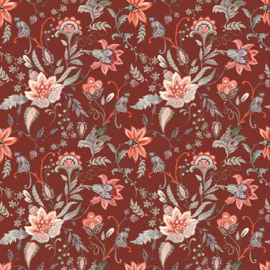 Güzel, pürüzsüz çiçek deseni ve suluboya soyut çiçekler. Maymunla geleneksel Türk usulü. Stok illüstrasyonu.