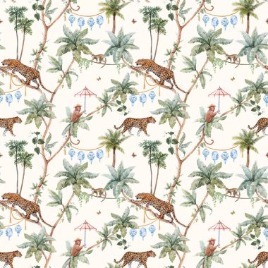 Sulu palmiye ağaçları ve güneş şemsiyeli jaguar maymunu olan güzel, tropikal, pürüzsüz bir şekil. Stok illüstrasyonu.