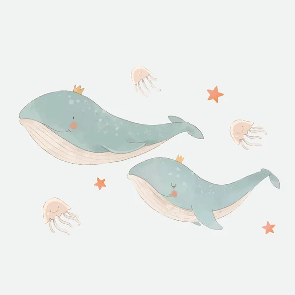 Beautiful Vector Clip Art Composition Cute Watercolor Whales Jellyfish Stars — Stock Vector