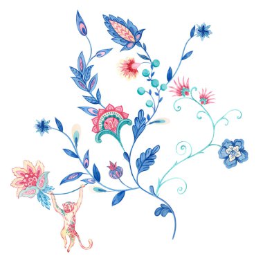 Çiçeklerin suluboya elementlerinin bulunduğu güzel bir çiçek kompozisyonu. Eski bir Türk arabesk tarzında boyanmış. Stok klipsi resim çizimi.