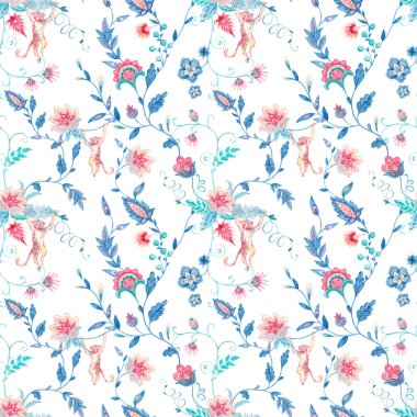 Güzel vektörsüz çiçek deseni, suluboya soyut çiçekler, eski geleneksel bir şekilde maymunla. Stok illüstrasyonu.