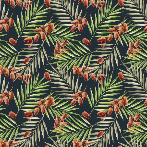 Krásný Vektor Tropické Bezešvé Vzor Akvarelem Palmy Listy Datovat Ovocné — Stockový vektor