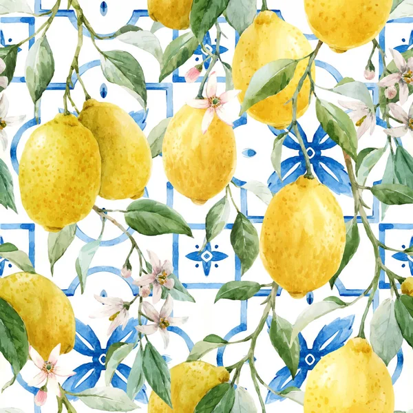 水彩レモンと青のタイルとシチリアスタイルの美しいベクトルシームレスパターン ストックイラスト — ストックベクタ