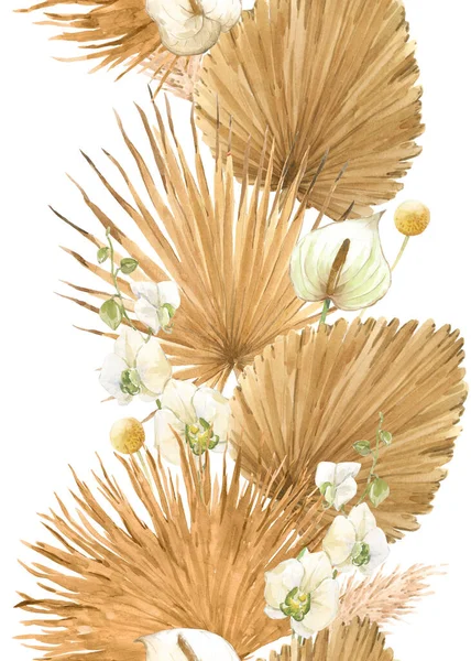 Piękny Poziomy Wzór Bez Szwu Akwarelą Złotych Liści Palmy Ilustracja — Zdjęcie stockowe