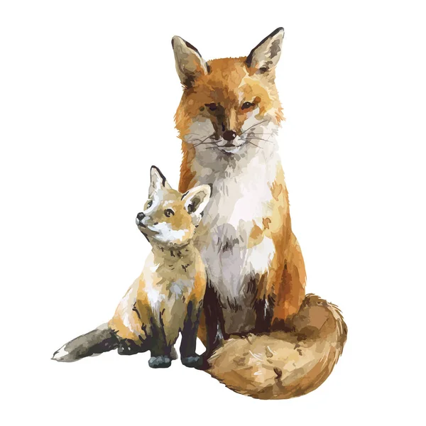 赤ちゃんと水彩の森野生のキツネの動物と美しいストックイラスト — ストックベクタ
