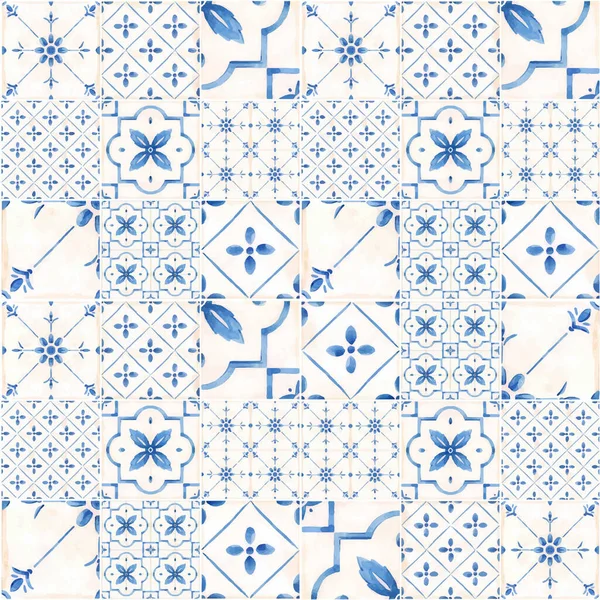 Beautiful Vector Seamless Pattern Watercolor Blue Dutch Style Tiles Stock — Stock Vector