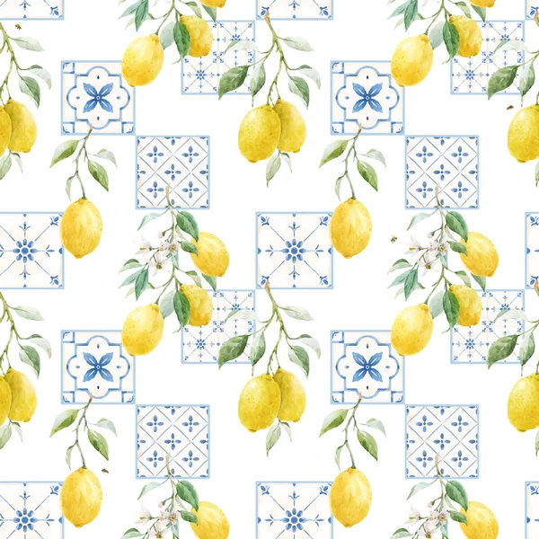 水彩レモンと青のタイルとシチリアスタイルの美しいシームレスなパターン ストックイラスト — ストックベクタ