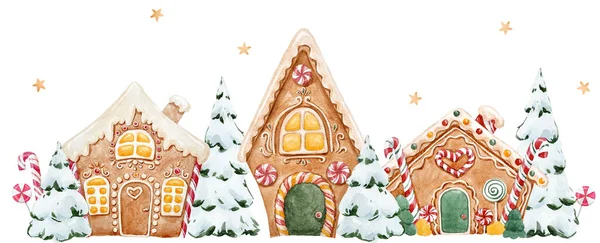 Beautiful Christmas Clip Art Composition Cute Gingerbread House Snow Fir — Stock Photo, Image