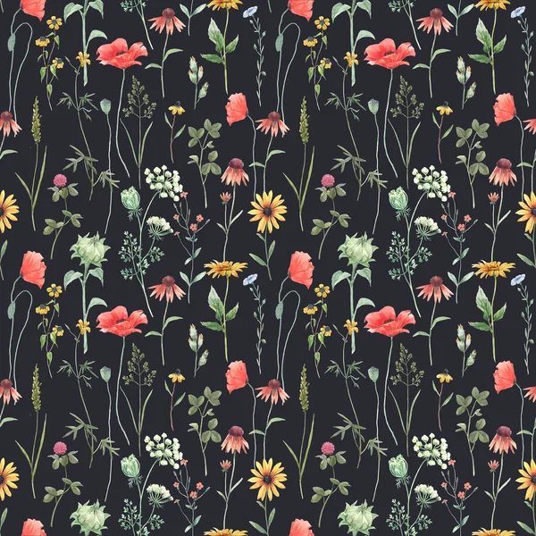 Mooie Bloemen Naadloze Patroon Met Aquarel Veld Wilde Bloemen Voorraadillustratie — Stockfoto