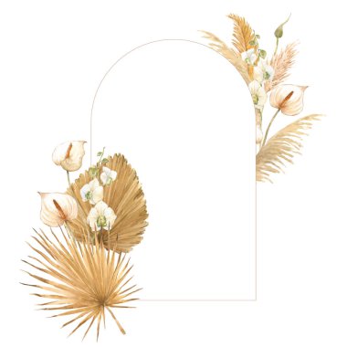 Güzel çiçek çerçeveli toka, suluboya palmiye yaprakları ve beyaz orkide anthurium çiçekleriyle resim çizimi..