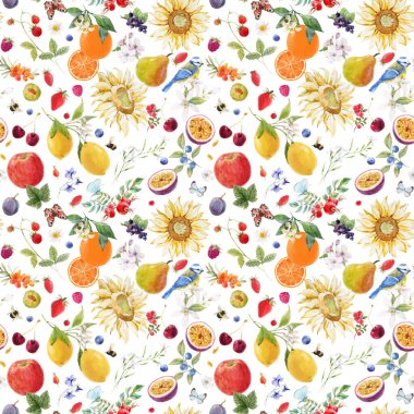 Güzel vektör, elle çizilmiş suluboya çiçekleri ve limon armudu portakallı mango meyveleriyle kusursuz bir yaz şablonu oluşturdu. Stok illüstrasyonu.