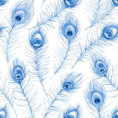 Beautiful seamless pattern with watercolor blue feathers. Stock illustration.