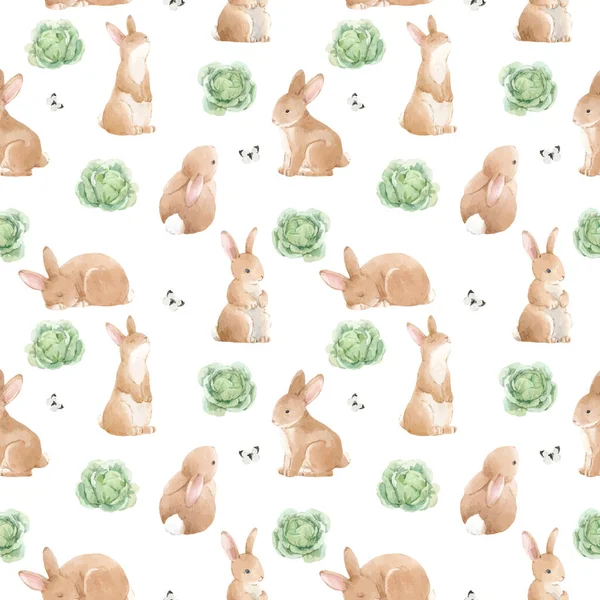 Beautiful Seamless Pattern Cute Watercolor Baby Rabbits Stock Illustration — стоковый вектор